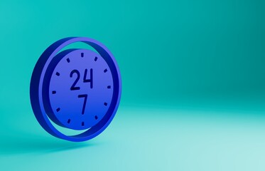 Sticker - Blue Clock 24 hours icon isolated on blue background. All day cyclic icon. 24 hours service symbol. Minimalism concept. 3D render illustration