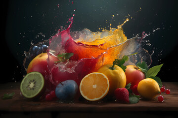 Wall Mural - juice splash on an oak table with colorful fruits