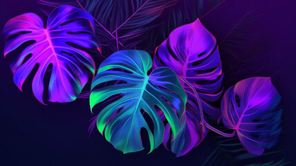 Poster - Tropical plants with neon glow