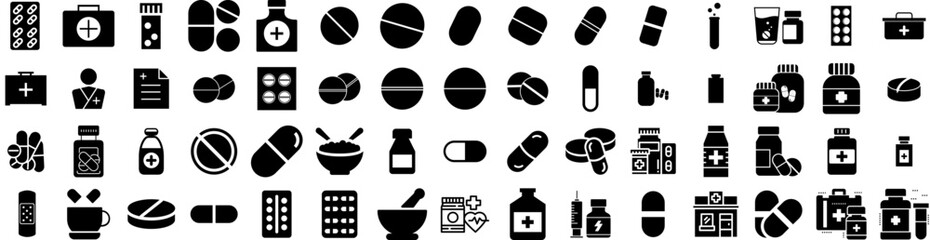 Set Of Medication Icons Isolated Silhouette Solid Icon With Drug, Treatment, Pharmaceutical, Capsule, Medicine, Health, Medical Infographic Simple Vector Illustration Logo