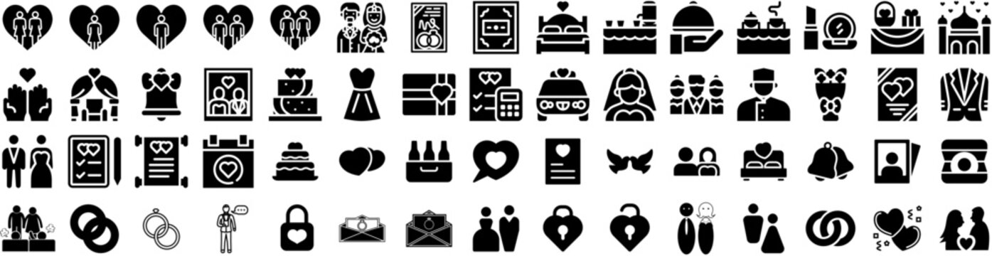 set of marriage icons isolated silhouette solid icon with wedding, bride, woman, couple, marriage, c