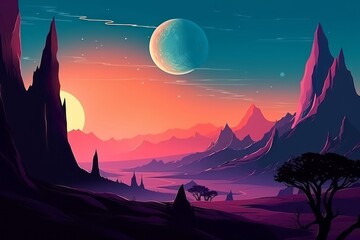 Wall Mural - A desert landscape with a planet and a sun. Generative AI