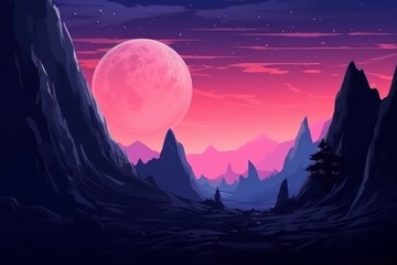 Wall Mural - a night scene with a mountain and a moon in the background. generative ai