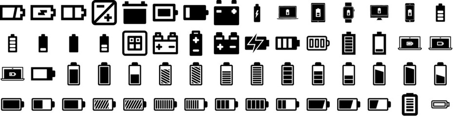 Wall Mural - Set Of Battery Icons Isolated Silhouette Solid Icon With Battery, Energy, Electric, Industry, Electricity, Power, Technology Infographic Simple Vector Illustration Logo