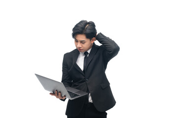 Portrait of a young business asian man using his on laptop computer while standing isolated over white background