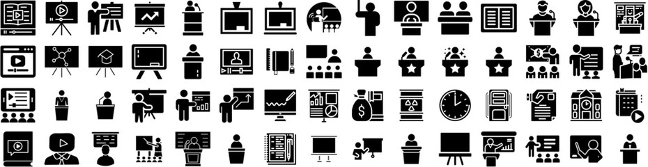 set of lecture icons isolated silhouette solid icon with lecture, seminar, audience, business, prese