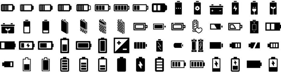 Wall Mural - Set Of Battery Icons Isolated Silhouette Solid Icon With Power, Energy, Battery, Electric, Electricity, Technology, Industry Infographic Simple Vector Illustration Logo