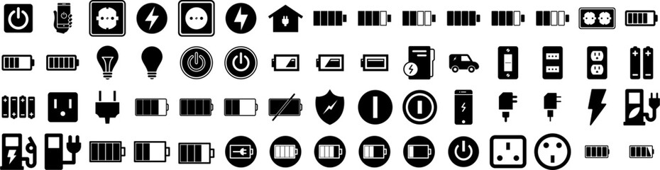 Wall Mural - Set Of Power Icons Isolated Silhouette Solid Icon With Power, Energy, Illustration, Station, Vector, Electricity, Electric Infographic Simple Vector Illustration Logo