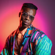 © Qstock - Vibrant 80s-Inspired Hip Black Man Studio Photo Art - Created with Generative AI and Other Techniques