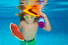 Summer Kids Portrait In Pool Water. Kid Swimming In Pool Underwater. Child Boy Swim Under Water In Sea. Underwater Children.