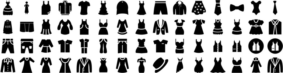 set of dress icons isolated silhouette solid icon with dress, clothes, girl, fashion, style, woman, 