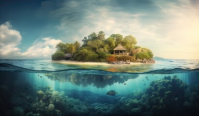 Tropical Island And Coral Reef - Split View With Waterline. Beautiful underwater view of lone small island above and below the water surface in turquoise waters of tropical ocean. Generative Ai.