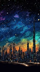 Sticker - illustration of Night Dubai skyline. illustration of Dubai city in United Arab Emirates and its landmarks. Famous buildings included such as Burj Khalifa, Burj Al Arab, Dubai Atlantis, Generative Ai.