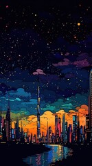 Sticker - illustration of Night Dubai skyline. illustration of Dubai city in United Arab Emirates and its landmarks. Famous buildings included such as Burj Khalifa, Burj Al Arab, Dubai Atlantis, Generative Ai.