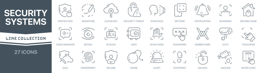 Leinwandbilder - Security systems linear signed icon collection. Signed thin line icons collection. Set of security systems simple outline icons