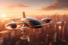 An  Illustration Featuring A Futuristic Air Taxi Service, With Electric-powered Vertical Takeoff And Landing Aircraft Seamlessly Integrated Into A Bustling Cityscape. Ai Generated