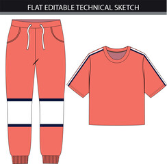 Wall Mural - Colorblock sweatpants with crop top flat editable technical sketch