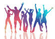 Colourful painted silhouettes of people dancing on a white background