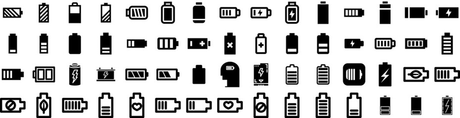 Wall Mural - Set Of Battery Icons Isolated Silhouette Solid Icon With Industry, Electricity, Power, Battery, Technology, Energy, Electric Infographic Simple Vector Illustration Logo