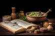 Mortar and pestle with pharmaceutical preparations's book and herbs on a wooden pharmacist table traditional medicine and pharmacy concept
