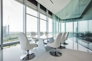 An office conference room featuring chairs and large windows for natural light and a modern look Ai generative.