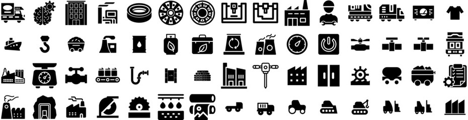 Set Of Industrial Icons Isolated Silhouette Solid Icon With Industrial, Factory, Manufacturing, Industry, Business, Production, Technology Infographic Simple Vector Illustration Logo