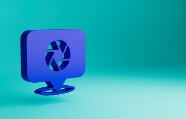 Sticker - Blue Camera shutter icon isolated on blue background. Minimalism concept. 3D render illustration