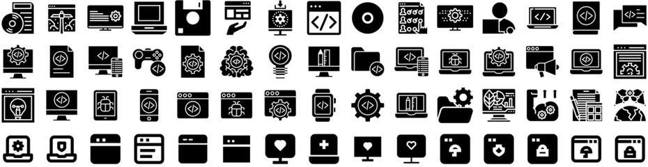 Set Of Software Icons Isolated Silhouette Solid Icon With Business, Technology, Computer, Digital, Internet, Code, Software Infographic Simple Vector Illustration Logo