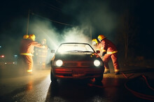 Night Shot Of Three Firefighters One Is Carrying Fire Extinguisher Other Two Are Opening Door On Upside Down Car Fire Engine In Background, Saving Lifes And Saftey Concept,