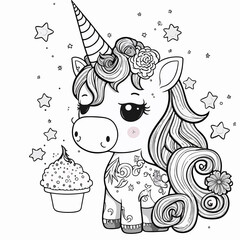 Wall Mural - Unicorn vector coloring book black and white for kids isolated line art on white background.