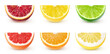 Isolated citrus fruits collection. Pieces of Pomelo, lime, lemon, orange, grapefruit, orange, blood orange fruit isolated on white background