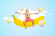 canvas print picture - Funny pensioner collage man grey beard wear sunglass chilling on yellow banana summertime vacation discotheque isolated on sky background