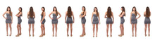 Line Of Large Group Same Young Girl Standing And Various Poses On White Background