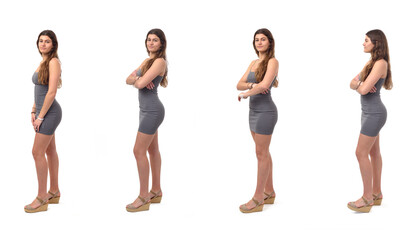 various poses of side view of a group of same young girl standing on white background