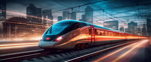 High-speed train at the station and a blurred city in the background, high resolution, high-quality image, travel, lighting, colorfulness, fast travel, be on time, technology Generative AI