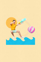 Wall Mural - Image poster banner collage of fun young guy have fun on pool party outdoors water activity playing volleyball fight