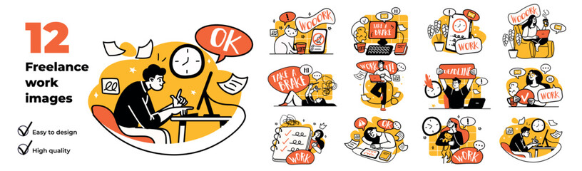 Wall Mural - freelance working concept with character situations set. collection of scenes people doing tasks on 