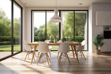 Wall Mural - clutter-free dining room, with simple table and chairs, and view of garden or park, created with generative ai