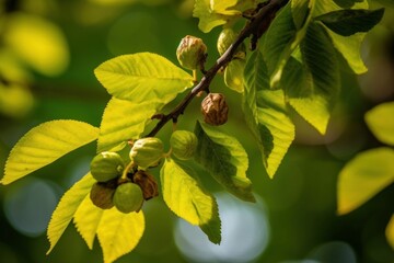 walnut tree with leaves and clusters of walnuts hanging from branches