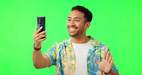 Poster - Man, video call and shock by green screen in studio with mock up space for holiday promotion. Guy, fashion and smartphone for webinar with excited face, wow and notification for mock up by backdrop