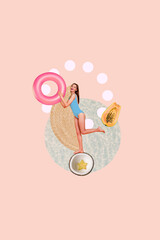 Sticker - Creative artwork graphics collage painting of excited lady enjoying tropical resort journey isolated pink color background