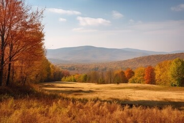 Poster - autumn landscape with fields of colorful foliage and distant mountains, created with generative ai