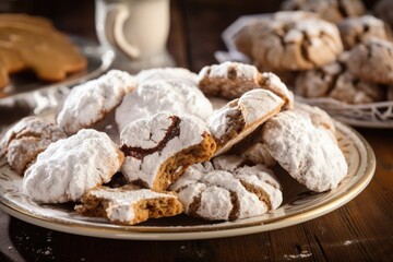 Poster - plate of freshly baked cookies and biscotti, dusted with powdered sugar, created with generative ai