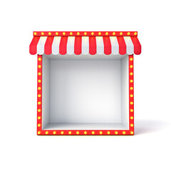Aufkleber - Blank exhibition booth shop store or blank display stall stand with red striped awning and retro yellow neon light bulbs isolated on white background with shadow minimal conceptual 3D rendering