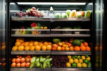 Wall Mural - walk-in refrigerator with shelves overflowing with fresh fruit and vegetables, created with generative ai
