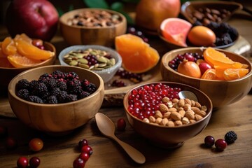 Wall Mural - healthy breakfast of fruits, nuts and seeds, created with generative ai