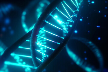 DNA concept background. Abstract blue neon stylised medical background. AI generated.