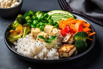 Wall Mural - plant-based and vegan dinner plate with rice, veggies, and tofu, created with generative ai