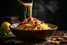 Close Up View Of Steaming Bowl Of Spaghetti Carbonara With Egg Yolk, Parmesan, Bacon. AI Generated.