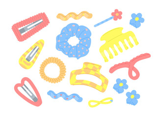 Set of bright hair accessories on a white background.